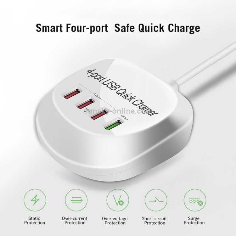WLX-T3+ 4 Ports Smart Quick Charging USB Travel Charger Power Adapter, UK Plug WLX-T3+ 4 Ports Smart Quick Charging USB Travel Charger Power Adapter, UK Plug