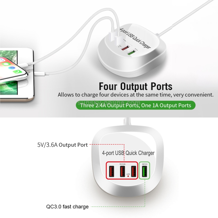 WLX-T3+ 4 Ports Smart Quick Charging USB Travel Charger Power Adapter, AU Plug WLX-T3+ 4 Ports Smart Quick Charging USB Travel Charger Power Adapter, AU Plug