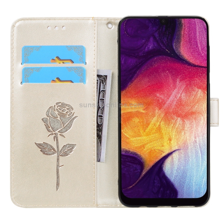 Rose Embossed Horizontal Flip PU Leather Case for Galaxy A50, with Holder & Card Slots & Wallet (Gold) Rose Embossed Horizontal Flip PU Leather Case for Galaxy A50, with Holder & Card Slots & Wallet (Gold)