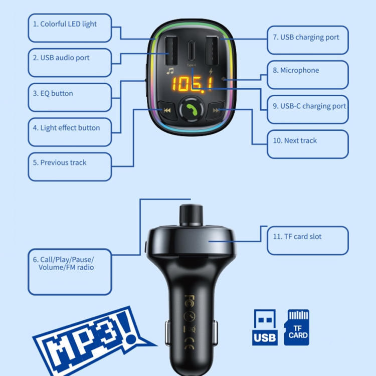 WK WP-C39 USB+USB-C/Type-C MP3 Bluetooth Car Fast Charger(Black)