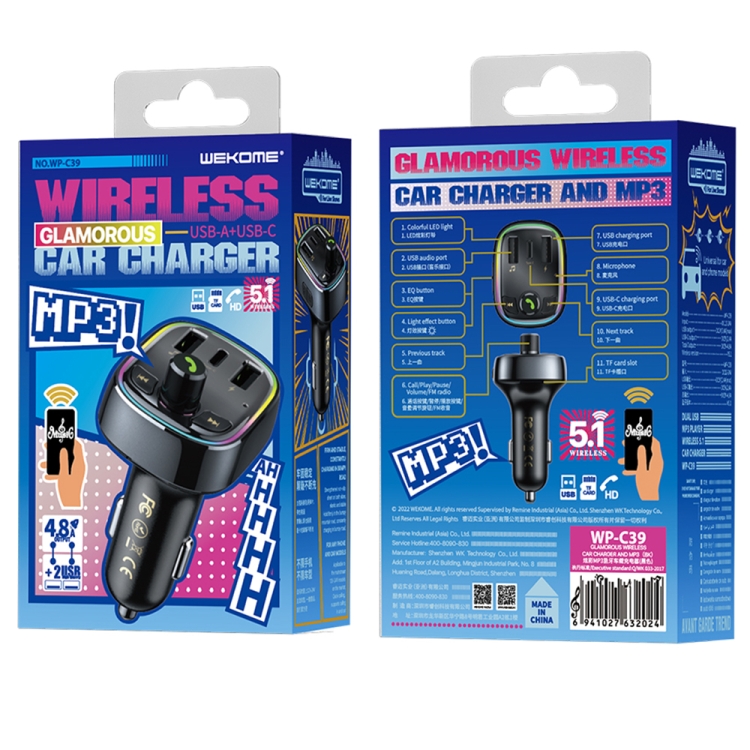 WK WP-C39 USB+USB-C/Type-C MP3 Bluetooth Car Fast Charger(Black)