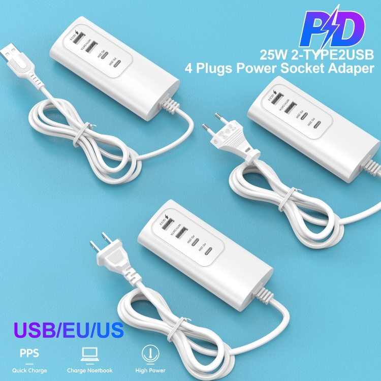 PD 20W Dual USB-C / Type-C + Dual USB 4-Ports Fast Charging Power Socket, USB Plug Cable Length: 30cm PD 20W Dual USB-C / Type-C + Dual USB 4-Ports Fast Charging Power Socket, USB Plug Cable Length: 30cm