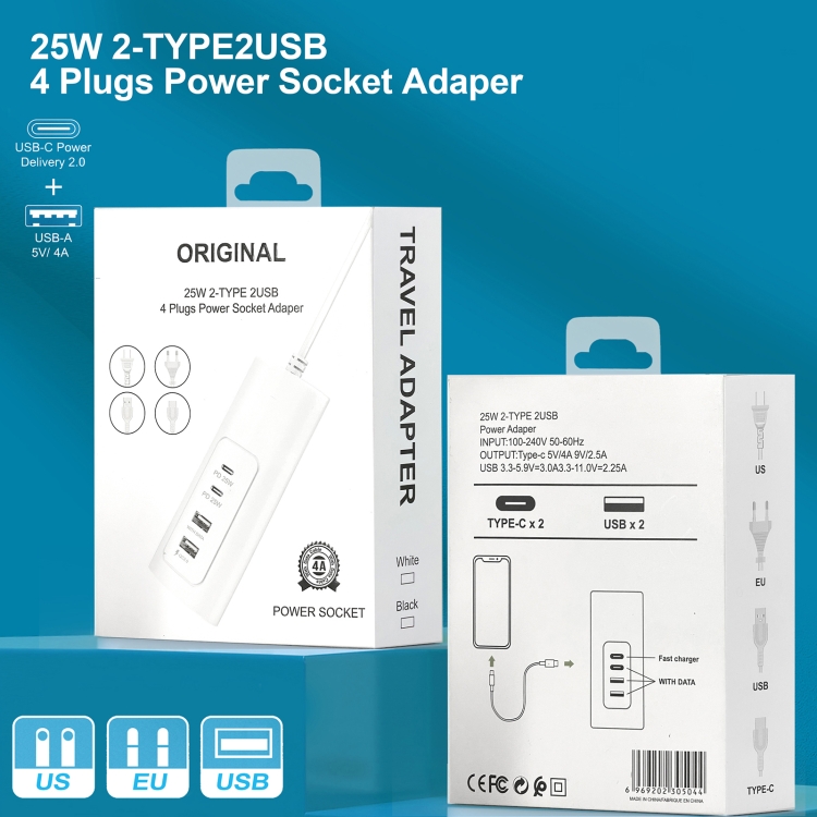 PD 20W Dual USB-C / Type-C + Dual USB 4-Ports Fast Charging Power Socket, USB Plug Cable Length: 30cm PD 20W Dual USB-C / Type-C + Dual USB 4-Ports Fast Charging Power Socket, USB Plug Cable Length: 30cm