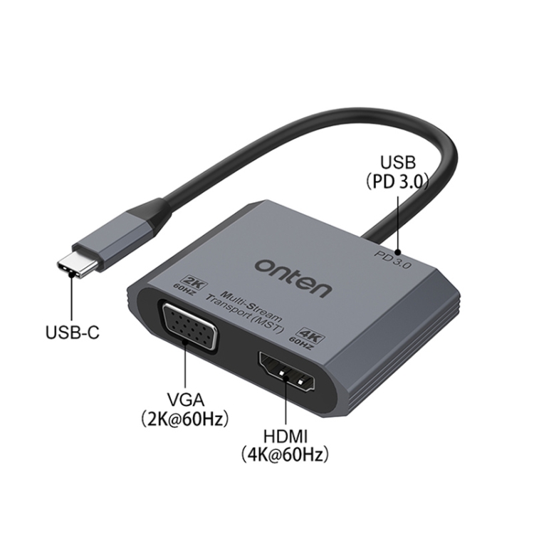 Onten M205 3 en 1 Tipo-C a HDMI+VGA+PD Convertidor de video de carga rápida (Gris) - 4