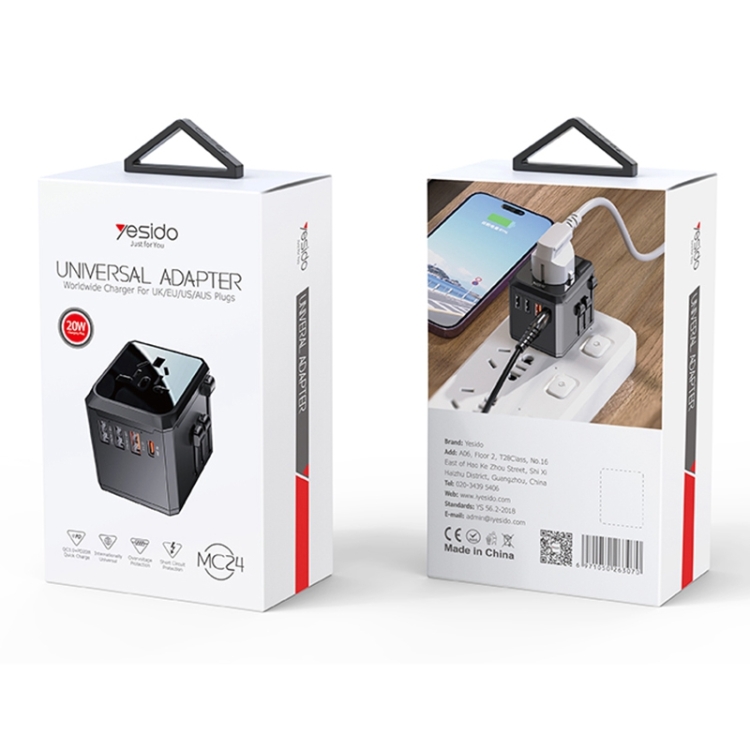 Yesido MC24 20W 3 USB + Type-C Ports Multi-function Universal Travel Adapter Plug (Black) - 10