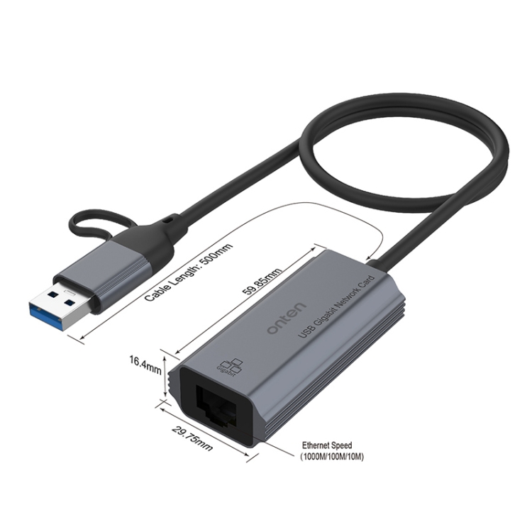 Onten UE101 2 in 1 USB3.0 Gigabit Network Card USB-C/Type-C to Network Port USB Hub - 3