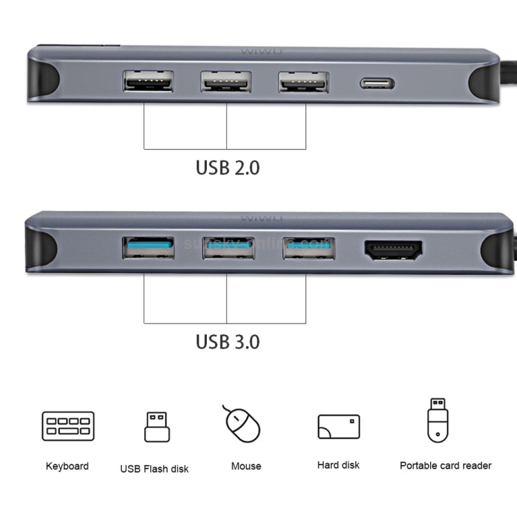 WIWU Alpha 12 en 1 USB 3.0 x3 + USB 2.0 x2 + HDMI + SD + Micro SD + Type-C / USB-C + Puerto Lan + Puerto de 3,5 mm Estación de acoplamiento HUB multifunción - 2
