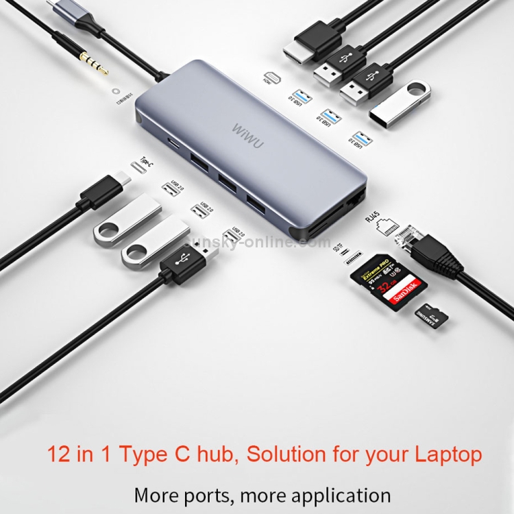 WIWU Alpha 12 en 1 USB 3.0 x3 + USB 2.0 x2 + HDMI + SD + Micro SD + Type-C / USB-C + Puerto Lan + Puerto de 3,5 mm Estación de acoplamiento HUB multifunción - 7