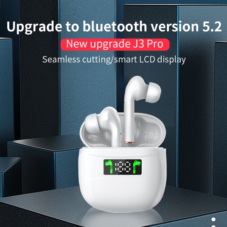 J3 Pro TWS Hifi Wireless Bluetooth 5.2 Earphone LED Display Waterproof Sports Gaming Headset Noise Earbuds(White)