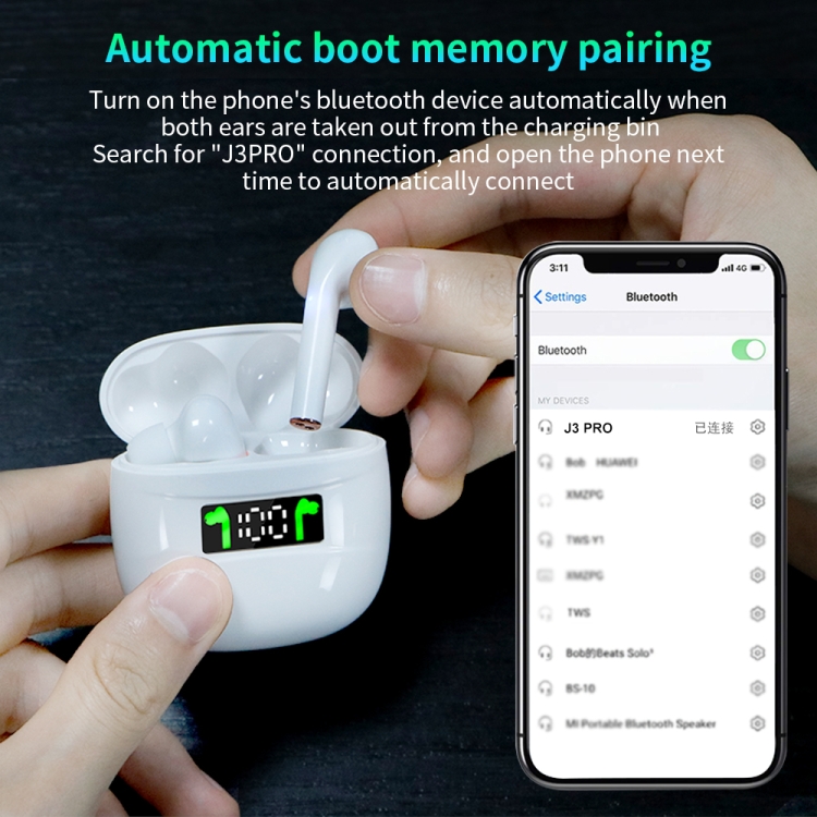 J3 Pro TWS Hifi Wireless Bluetooth 5.2 Earphone LED Display Waterproof Sports Gaming Headset Noise Earbuds(White)