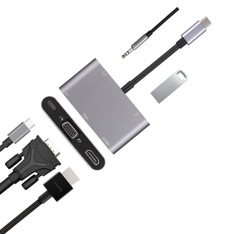 5 en 1 Tipo-C a HDMI + VGA + USB 3.0 + Puerto de audio + Adaptador HUB de puerto PD (gris) - 10