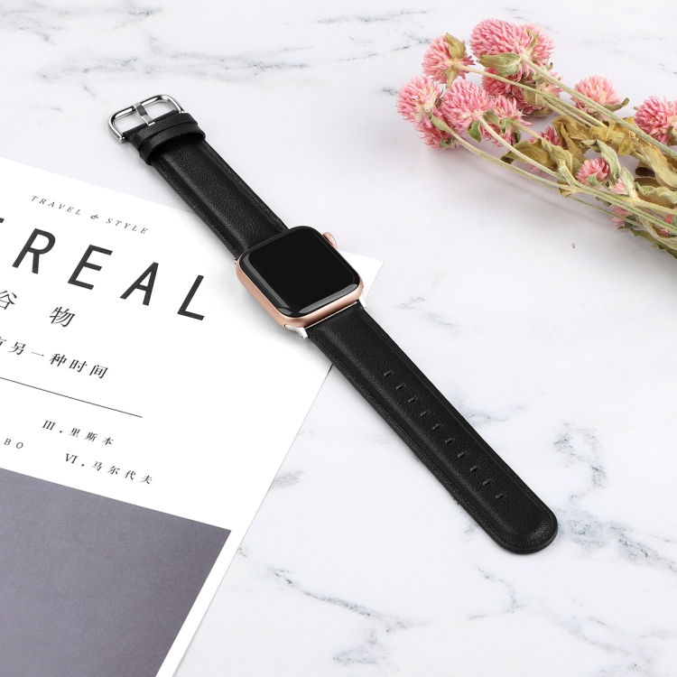 Pour Apple Watch Series 5 & 4 44mm / 3 & 2 & 1 42mm Stitching Stripes  Bracelet en cuir véritable rose