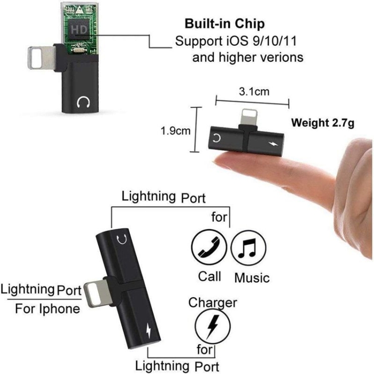 Zs-18182 2 in 1 8 Pin Male to 8 Pin Charging + 8 Pin Audio Female Connector Earphone Adapter, Supports Call & Volume Control(Black) Zs-18182 2 in 1 8 Pin Male to 8 Pin Charging + 8 Pin Audio Female Connector Earphone Adapter, Supports Call & Volume Control(Black)