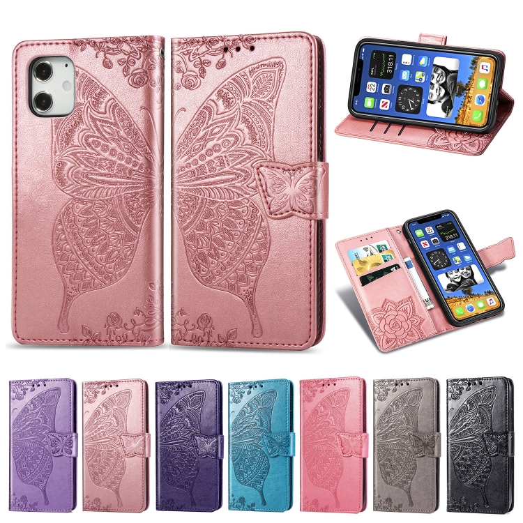 For iPhone 12 / 12 Pro Butterfly Love Flower Embossed Horizontal Flip Leather Case with Bracket / Card Slot / Wallet / Lanyard(Pink) For iPhone 12 / 12 Pro Butterfly Love Flower Embossed Horizontal Flip Leather Case with Bracket / Card Slot / Wallet / Lanyard(Pink)