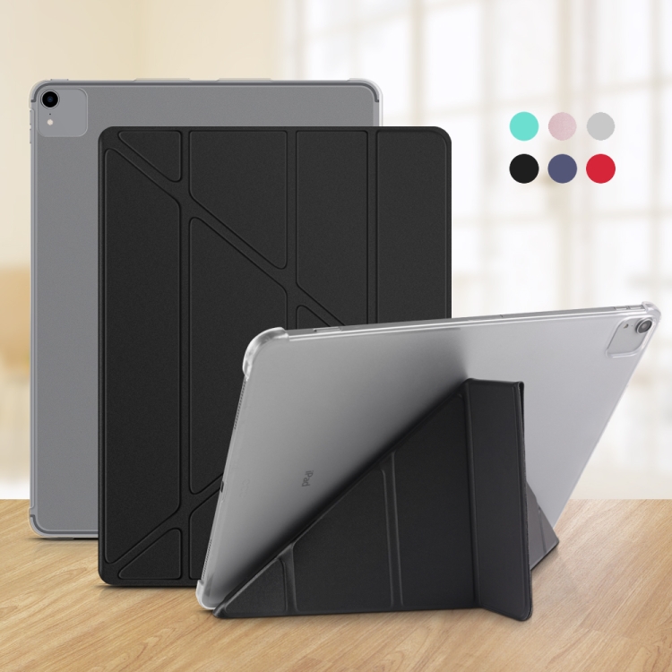 For iPad Pro 12.9 inch (2020) Multi-folding Horizontal Flip Shockproof Transparent PC + PU Leather Tablet Case with Sleep / Wake-up Function(Navy blue)