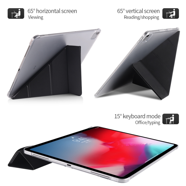 For iPad Pro 12.9 inch (2020) Multi-folding Horizontal Flip Shockproof Transparent PC + PU Leather Tablet Case with Sleep / Wake-up Function(Navy blue)
