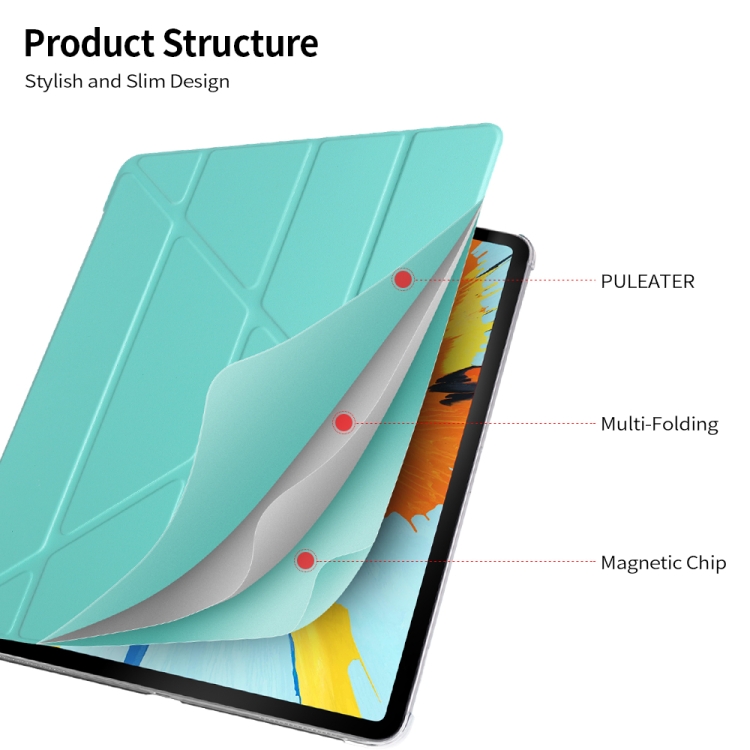 For iPad Pro 12.9 inch (2020) Multi-folding Horizontal Flip Shockproof Transparent PC + PU Leather Tablet Case with Sleep / Wake-up Function(Navy blue)