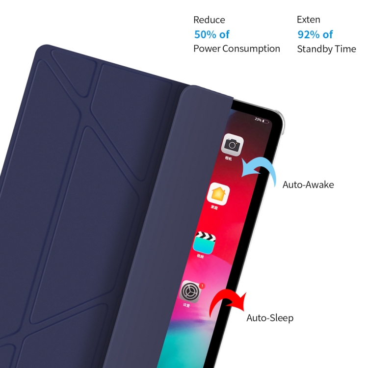 For iPad Pro 12.9 inch (2020) Multi-folding Horizontal Flip Shockproof Transparent PC + PU Leather Tablet Case with Sleep / Wake-up Function(Navy blue)
