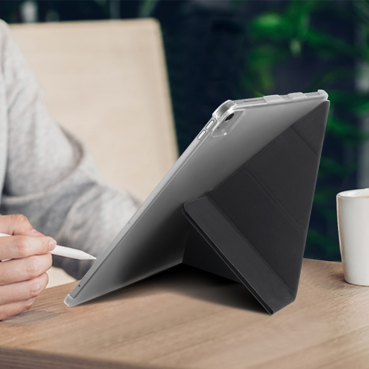 For iPad Pro 12.9 inch (2020) Multi-folding Horizontal Flip Shockproof Transparent PC + PU Leather Tablet Case with Sleep / Wake-up Function(Navy blue)