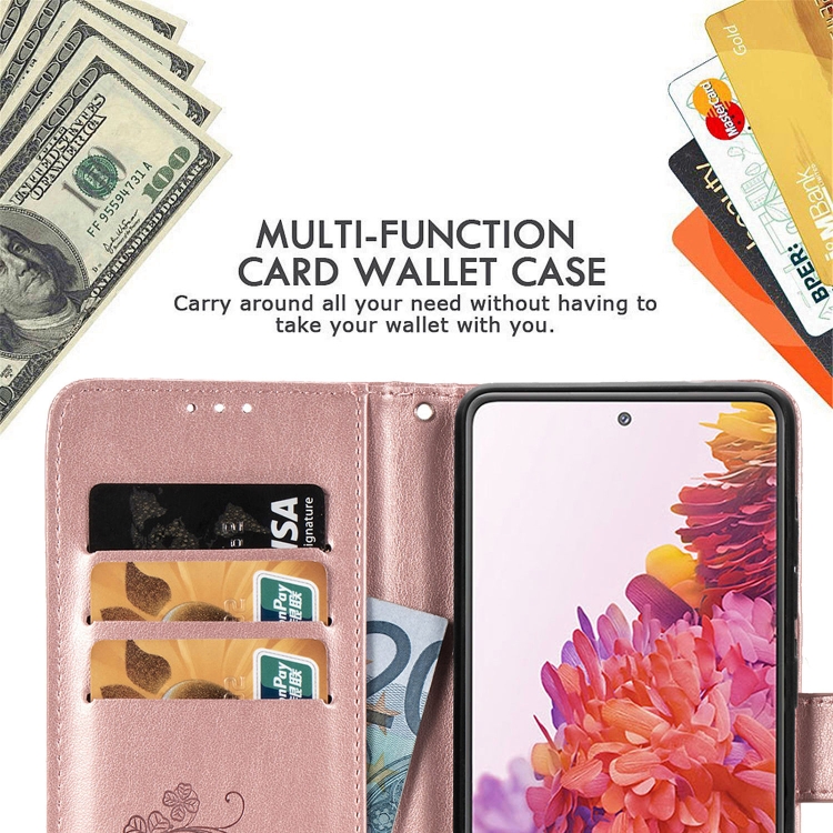 For Galaxy S20 FE / S20 Lite Four-leaf Clasp Embossed Buckle Mobile Phone Protection Leather Case with Lanyard & Card Slot & Wallet & Bracket Function(Rose Gold) For Galaxy S20 FE / S20 Lite Four-leaf Clasp Embossed Buckle Mobile Phone Protection Leather Case with Lanyard & Card Slot & Wallet & Bracket Function(Rose Gold)