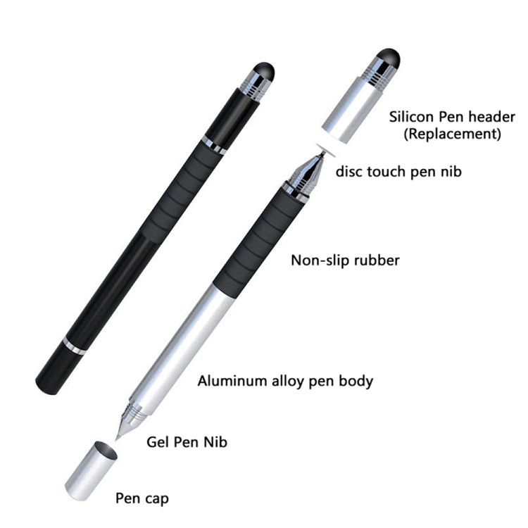 AT-12 3 en 1 bolígrafo capacitivo de pantalla táctil con bolígrafo de escritura común y función de bolígrafo de escritura para teléfono móvil adecuado para Apple / Huawei / Samsung (plateado) - B1