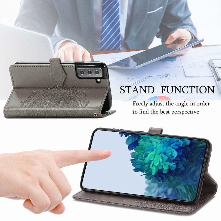 For Samsung Galaxy S21 5G Mandala Flower Embossed Horizontal Flip Leather Case with Holder & Three Card Slots & Wallet & Lanyard(Grey) For Samsung Galaxy S21 5G Mandala Flower Embossed Horizontal Flip Leather Case with Holder & Three Card Slots & Wallet & Lanyard(Grey)