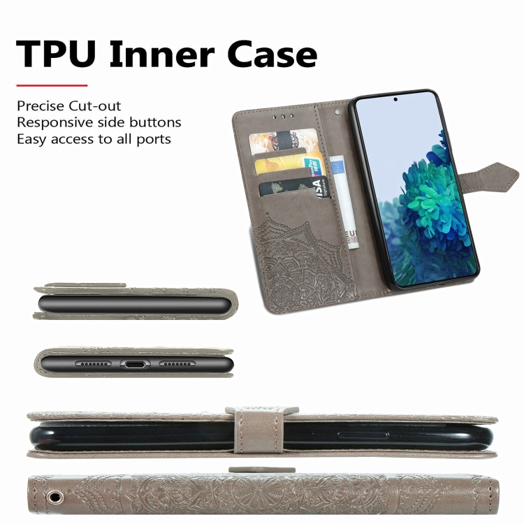 For Samsung Galaxy S21 5G Mandala Flower Embossed Horizontal Flip Leather Case with Holder & Three Card Slots & Wallet & Lanyard(Grey) For Samsung Galaxy S21 5G Mandala Flower Embossed Horizontal Flip Leather Case with Holder & Three Card Slots & Wallet & Lanyard(Grey)