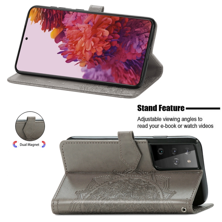 For Samsung Galaxy S21 Ultra 5G Mandala Flower Embossed Horizontal Flip Leather Case with Holder & Three Card Slots & Wallet & Lanyard(Grey) For Samsung Galaxy S21 Ultra 5G Mandala Flower Embossed Horizontal Flip Leather Case with Holder & Three Card Slots & Wallet & Lanyard(Grey)