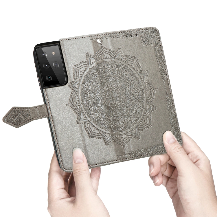 For Samsung Galaxy S21 Ultra 5G Mandala Flower Embossed Horizontal Flip Leather Case with Holder & Three Card Slots & Wallet & Lanyard(Grey) For Samsung Galaxy S21 Ultra 5G Mandala Flower Embossed Horizontal Flip Leather Case with Holder & Three Card Slots & Wallet & Lanyard(Grey)