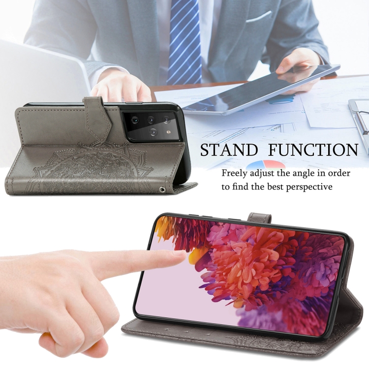 For Samsung Galaxy S21 Ultra 5G Mandala Flower Embossed Horizontal Flip Leather Case with Holder & Three Card Slots & Wallet & Lanyard(Grey) For Samsung Galaxy S21 Ultra 5G Mandala Flower Embossed Horizontal Flip Leather Case with Holder & Three Card Slots & Wallet & Lanyard(Grey)