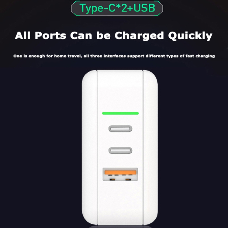 KP-GAN65-3 65W PD Dual Type-C + 30W USB GAN Charger for Apple / Huawei / Samsung, with US Plug / EU Plug / UK Plug Black