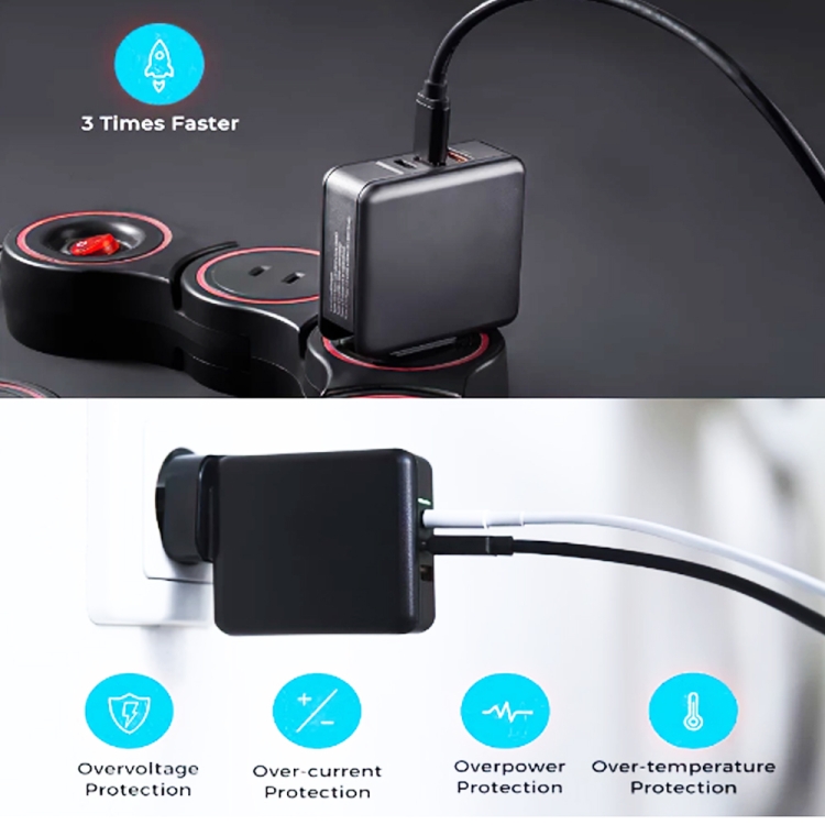KP-GAN65-3 65W PD Dual Type-C + 30W USB GAN Charger for Apple / Huawei / Samsung, with US Plug / EU Plug / UK Plug Black