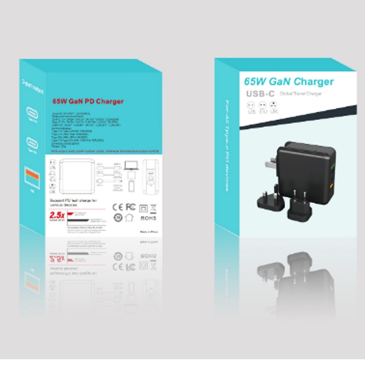 KP-GAN65-3 65W PD Dual Type-C + 30W USB GAN Charger for Apple / Huawei / Samsung, with US Plug / EU Plug / UK Plug Black