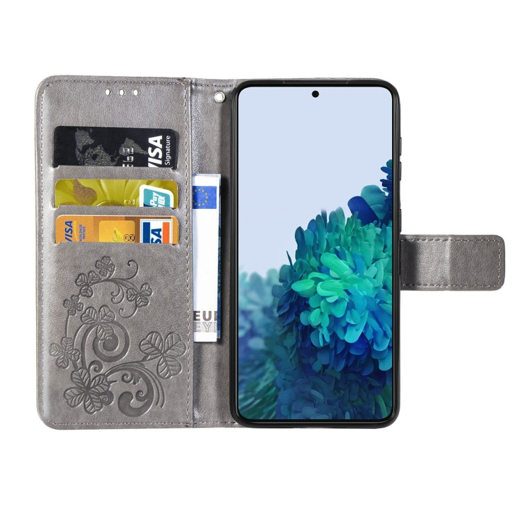 Four-leaf Clasp Embossed Buckle Mobile Phone Protection Leather Case with Lanyard & Card Slot & Wallet & Bracket Function For Samsung Galaxy S21 5G(Grey) Four-leaf Clasp Embossed Buckle Mobile Phone Protection Leather Case with Lanyard & Card Slot & Wallet & Bracket Function For Samsung Galaxy S21 5G(Grey)