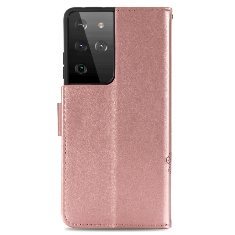 Four-leaf Clasp Embossed Buckle Mobile Phone Protection Leather Case with Lanyard & Card Slot & Wallet & Bracket Function For Samsung Galaxy S21 Ultra 5G(Rose Gold) Four-leaf Clasp Embossed Buckle Mobile Phone Protection Leather Case with Lanyard & Card Slot & Wallet & Bracket Function For Samsung Galaxy S21 Ultra 5G(Rose Gold)