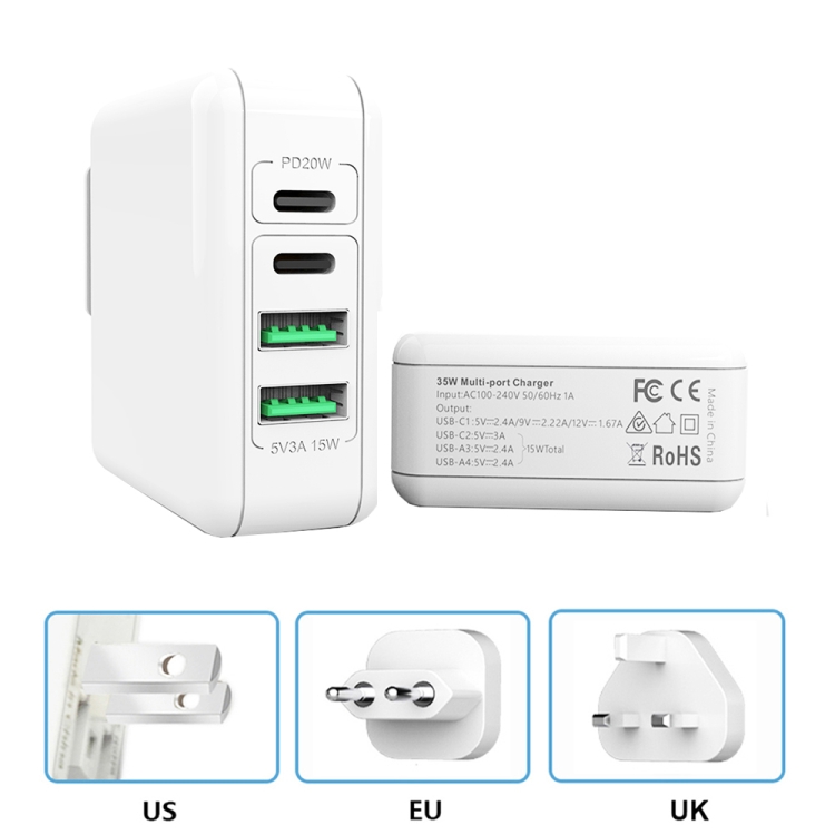 XJ-045 20W PD + USB 4 Port Smart Fast Charging Travel Power Adapter, US+EU+UK Plug
