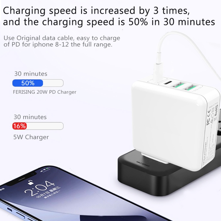 XJ-045 20W PD + USB 4 Port Smart Fast Charging Travel Power Adapter, US+EU+UK Plug