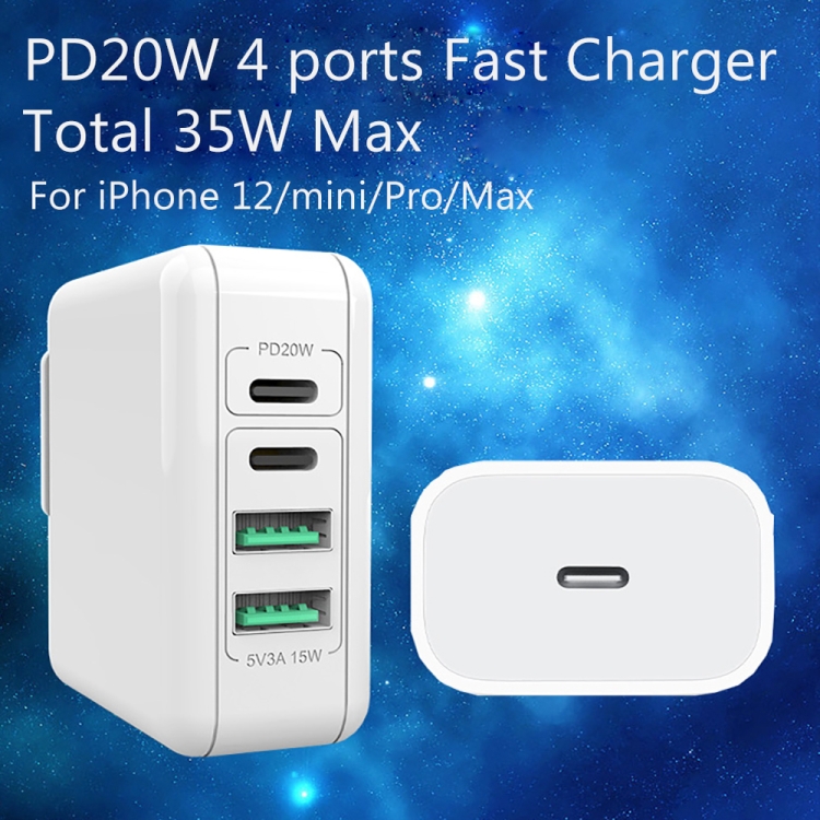 XJ-045 20W PD + USB 4 Port Smart Fast Charging Travel Power Adapter, US+EU+UK Plug