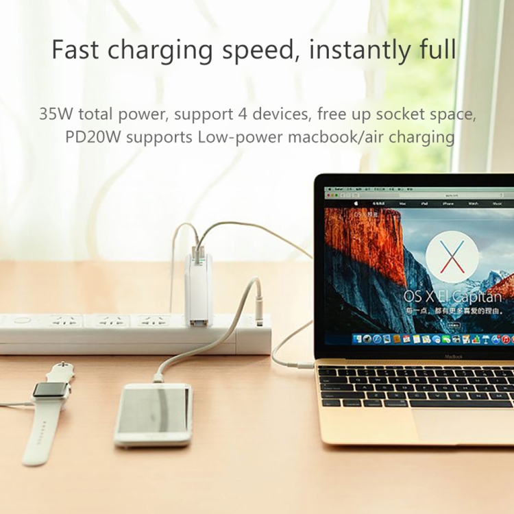 XJ-045 20W PD + USB 4 Port Smart Fast Charging Travel Power Adapter, US+EU+UK Plug