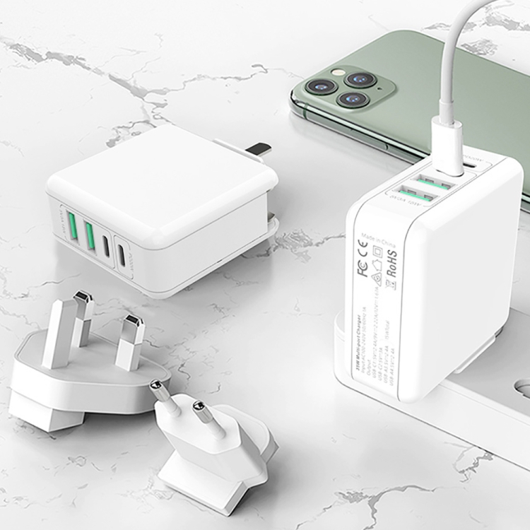 XJ-045 20W PD + USB 4 Port Smart Fast Charging Travel Power Adapter, US+EU+UK Plug