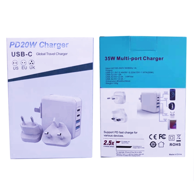 XJ-045 20W PD + USB 4 Port Smart Fast Charging Travel Power Adapter, US+EU+UK Plug