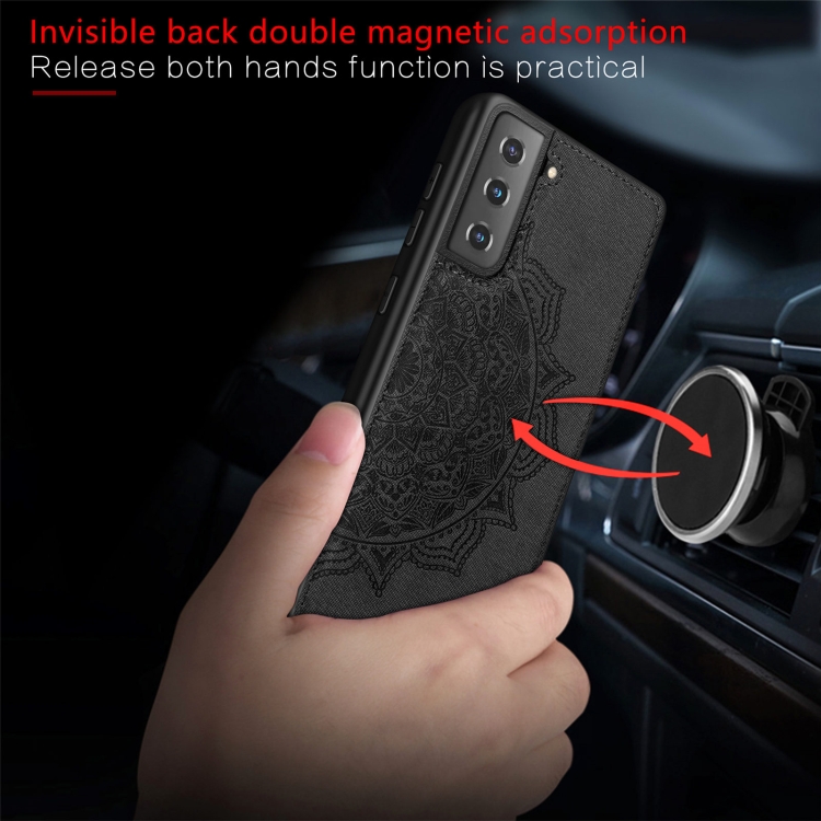 For Samsung Galaxy S21 5G Mandala Embossed Cloth Cover PC + TPU Mobile Phone Case with Magnetic Function and Hand Strap(Black) For Samsung Galaxy S21 5G Mandala Embossed Cloth Cover PC + TPU Mobile Phone Case with Magnetic Function and Hand Strap(Black)
