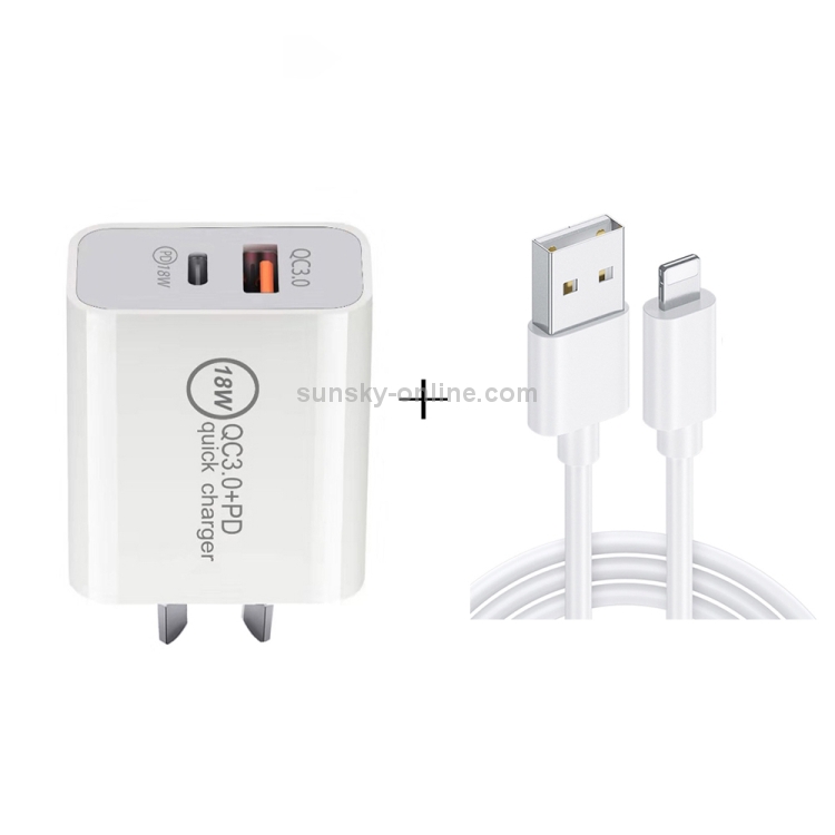 SDC-18W 18W PD 3.0 Type-C / USB-C + QC 3.0 USB Dual Fast Charging Universal Travel Charger with USB to 8 Pin Fast Charging Data Cable, AU Plug SDC-18W 18W PD 3.0 Type-C / USB-C + QC 3.0 USB Dual Fast Charging Universal Travel Charger with USB to 8 Pin Fast Charging Data Cable, AU Plug