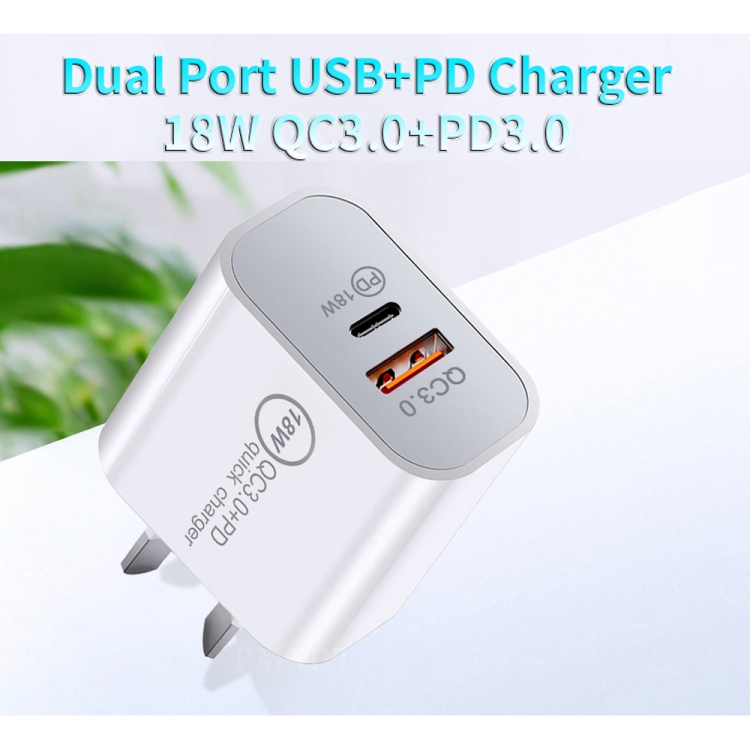 SDC-18W 18W PD 3.0 Type-C / USB-C + QC 3.0 USB Dual Fast Charging Universal Travel Charger with USB to 8 Pin Fast Charging Data Cable, AU Plug SDC-18W 18W PD 3.0 Type-C / USB-C + QC 3.0 USB Dual Fast Charging Universal Travel Charger with USB to 8 Pin Fast Charging Data Cable, AU Plug