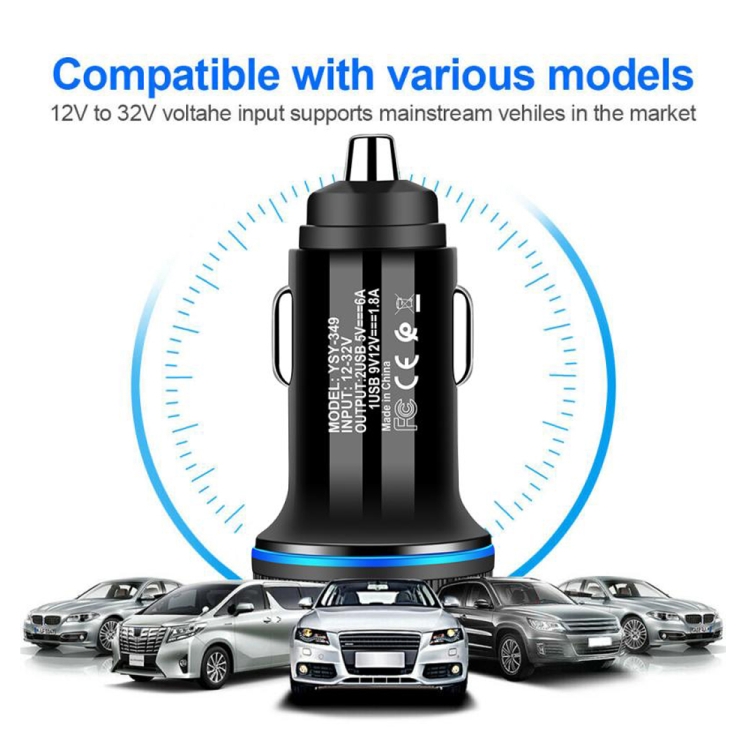 YSY-349 QC3.0 Dual Port USB Car Charger + 3A USB to USB-C / Type-C Data Cable, Length: 1m(White) YSY-349 QC3.0 Dual Port USB Car Charger + 3A USB to USB-C / Type-C Data Cable, Length: 1m(White)