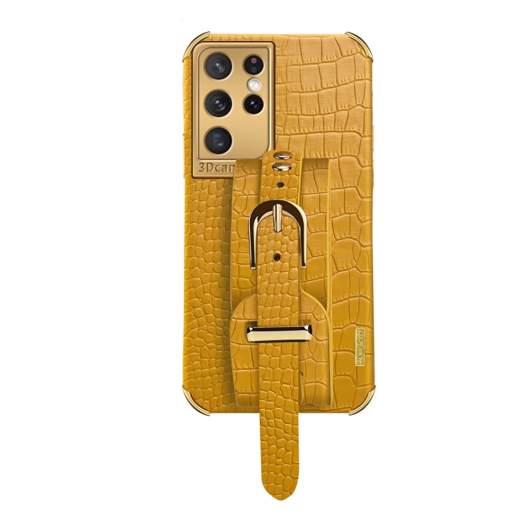 For Samsung Galaxy S21 Ultra Electroplated TPU Crocodile Pattern Leather Case with Wrist Strap(Yellow) For Samsung Galaxy S21 Ultra Electroplated TPU Crocodile Pattern Leather Case with Wrist Strap(Yellow)
