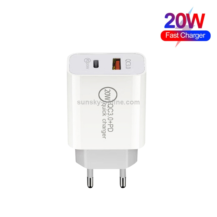 20W PD Type-C + QC 3.0 USB Interface Fast Charging Travel Charger with USB to 8 Pin Fast Charge Data Cable EU Plug