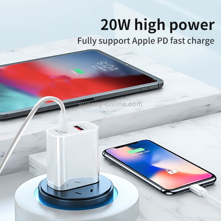 20W PD Type-C + QC 3.0 USB Interface Fast Charging Travel Charger with USB to 8 Pin Fast Charge Data Cable EU Plug