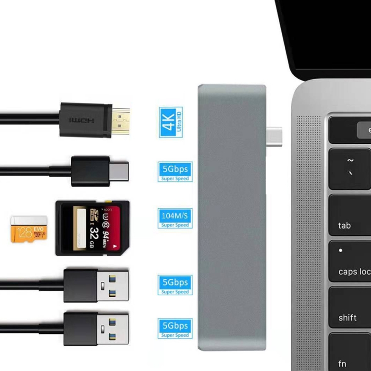 WS-15 6 en 1 Tipo-C a HDMI + USB 3.0 x 2 + Convertidor de HUB SD + TF + PD - 3
