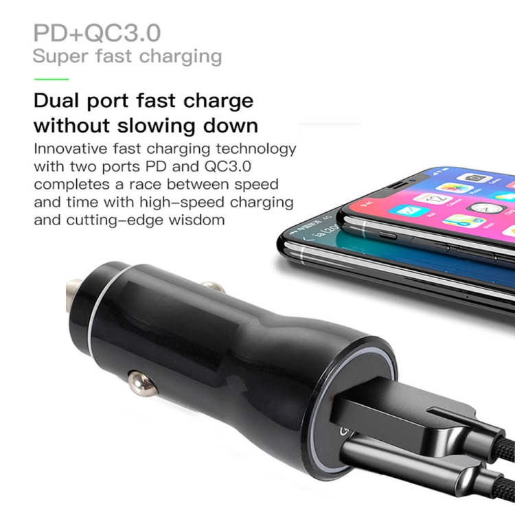 P21 Portable PD 20W + QC3.0 18W Dual Ports Fast Car Charger with USB to Type-C Cable Kit(Black) P21 Portable PD 20W + QC3.0 18W Dual Ports Fast Car Charger with USB to Type-C Cable Kit(Black)